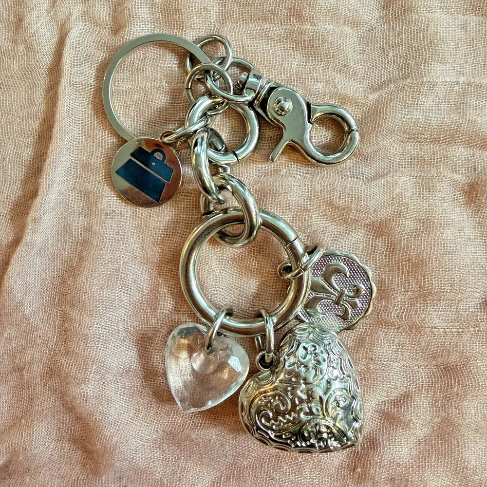 Vintage Kathy Van Zeeland Charm Keychain Silver Tone Heart Crystal 6” Long